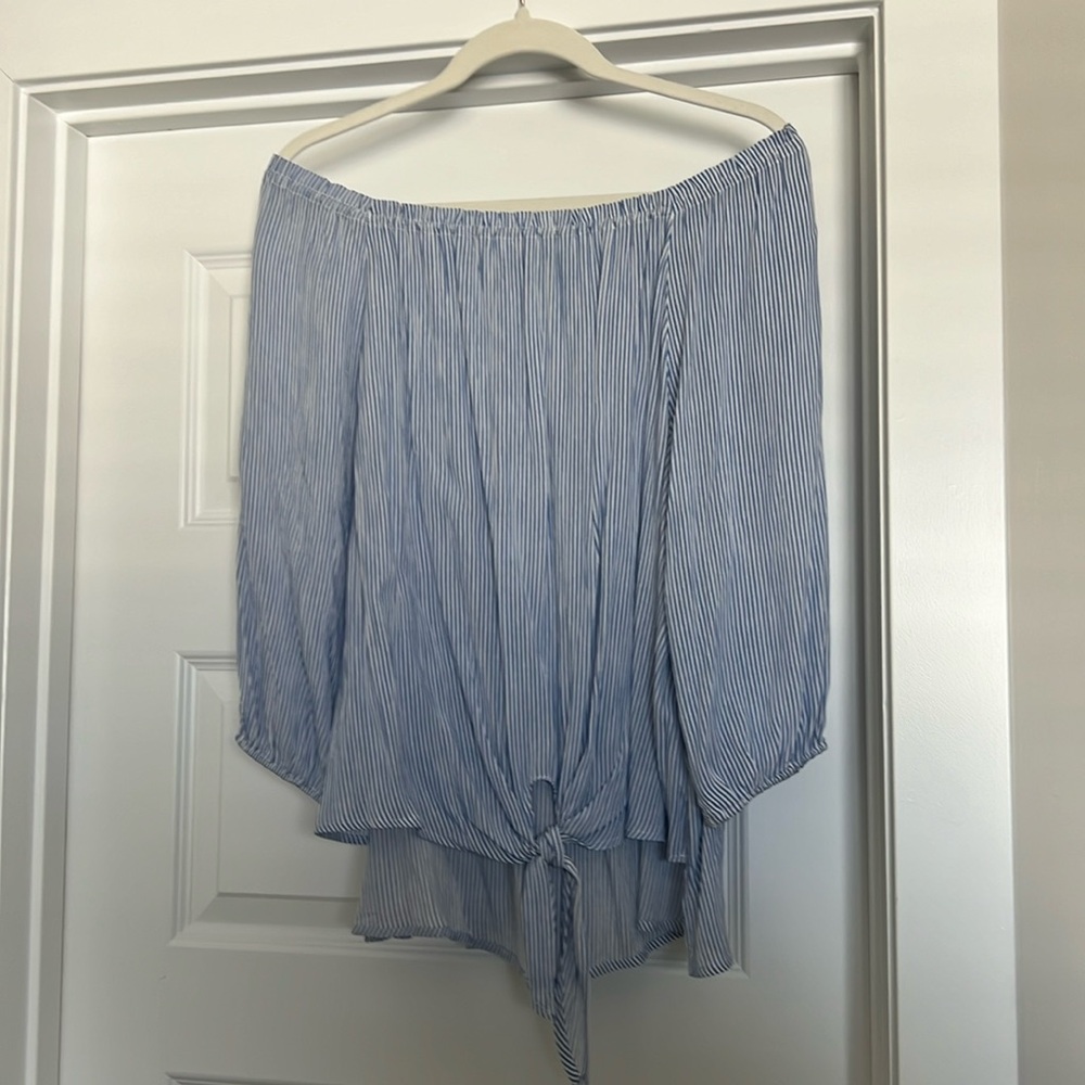 VERONICA M | blue and white pinstripe off the shoulder blouse